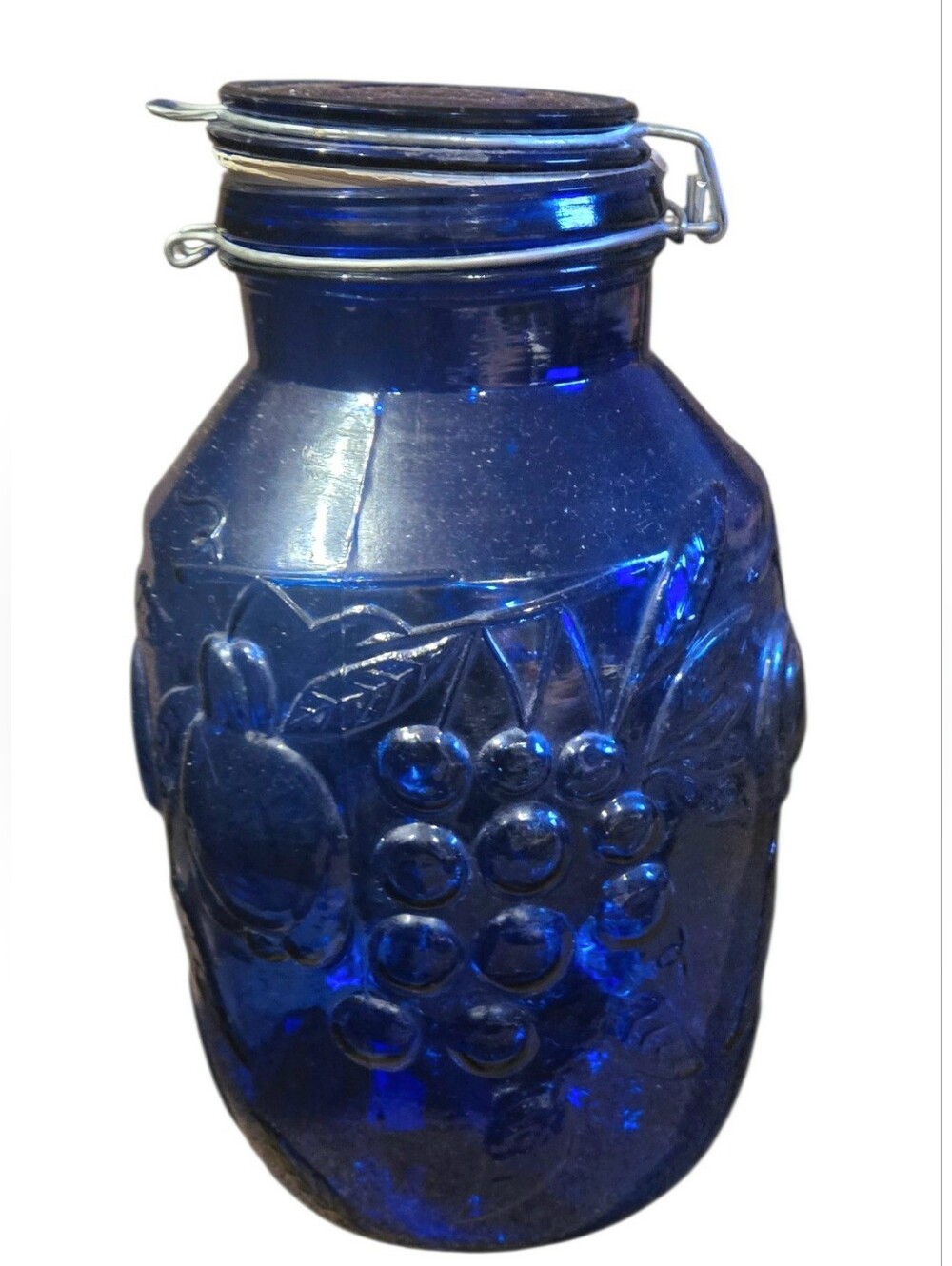Vintage Large Cobalt Blue Glass Canister Embossed Fruit Design Jar W/Lid 11"